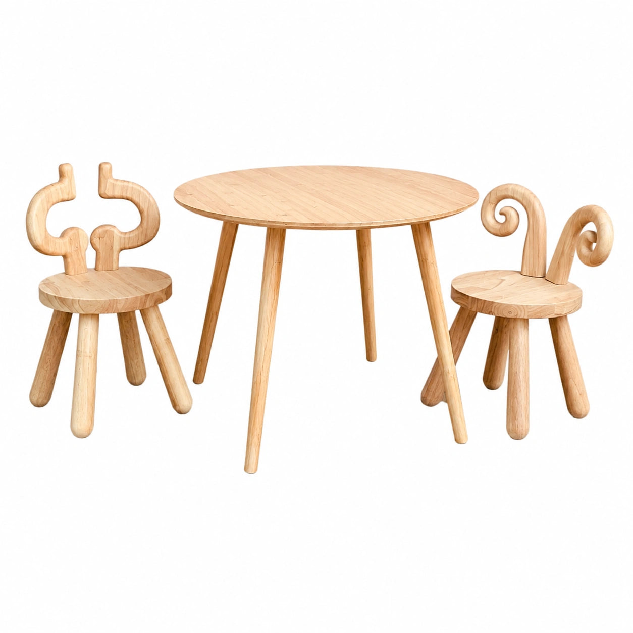 NICITA® Holz-Kindertisch mit 2 Stühlen - Kinder-Sitzgruppe im tierischen Design: Reh, Elch, Kuh, Hase, Schaf