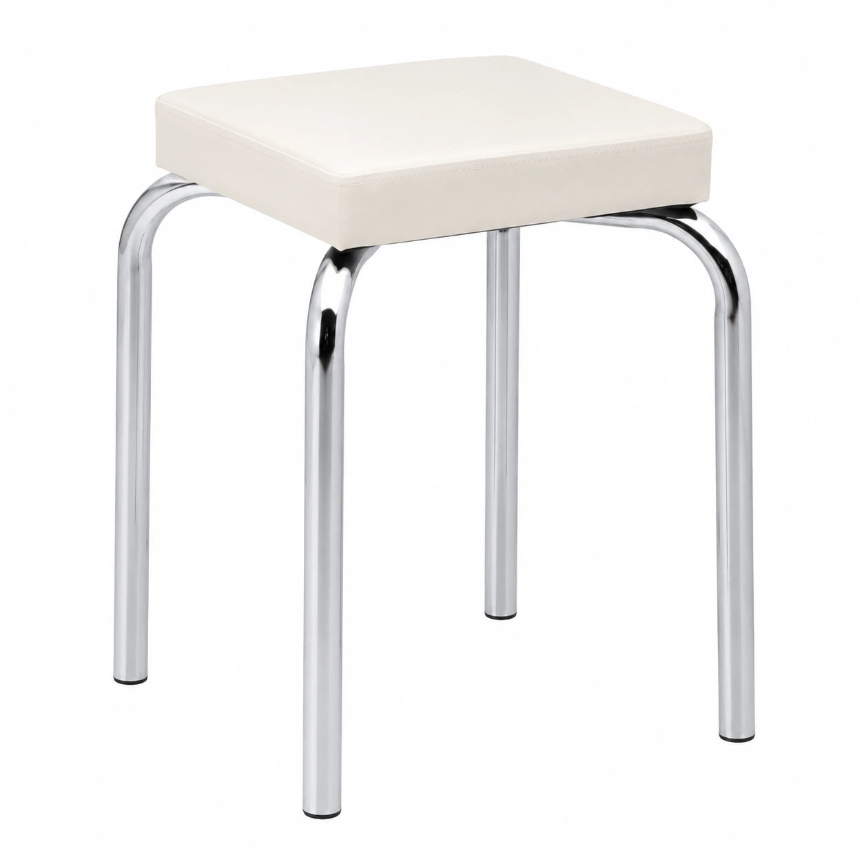 Moderner Stapelhocker aus Kunstleder und Metall, belastbar bis 90 kg, 36x47x36 cm, weiß und chromfarben