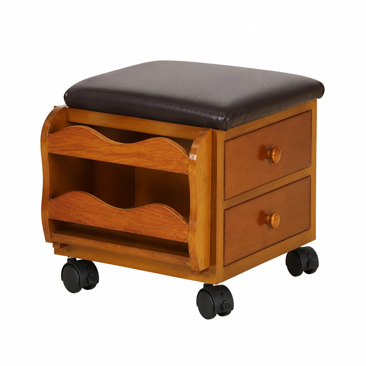 Holz-Fußhocker mit Rollen und Lederbezug, integrierte Schubladen und Zeitungsfach