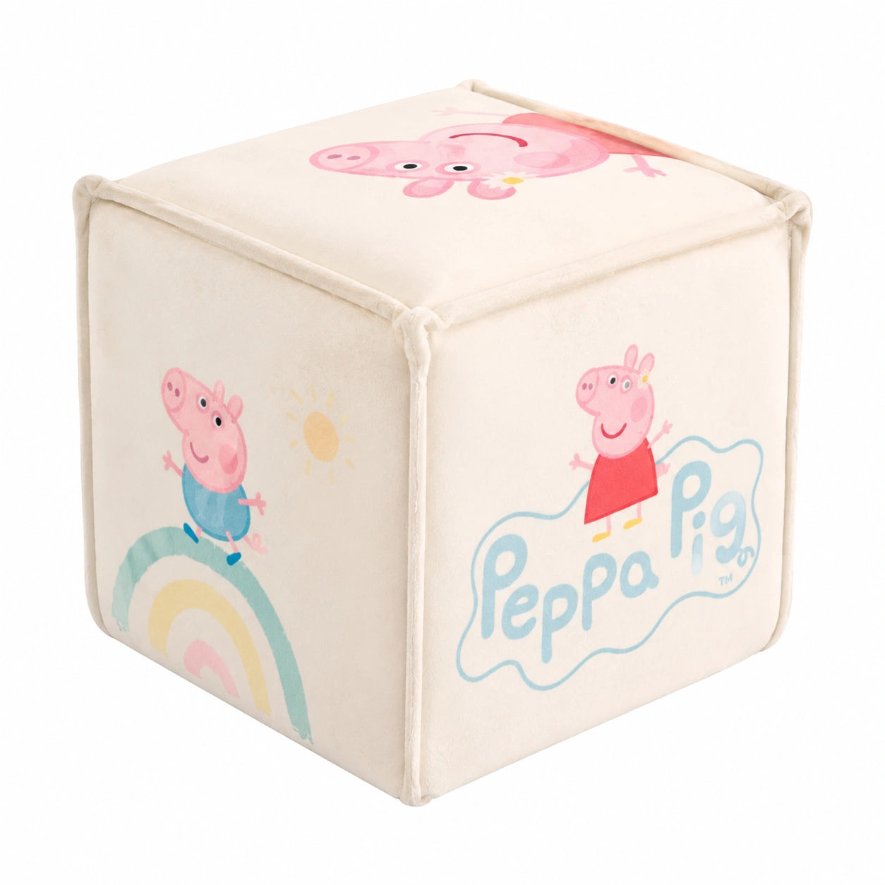 roba Kinderzimmer Samt Pouf Würfel Peppa Pig - Stabil und Weich - Quadratischer Hocker - Ab 18 Monaten - Leicht zu Reinigen - Beige mit Schweinemotiv