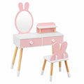 2 in 1 Kinderschminktisch mit Hocker und Hasenspiegel, Holz-Make-up-Tisch mit Schubladen