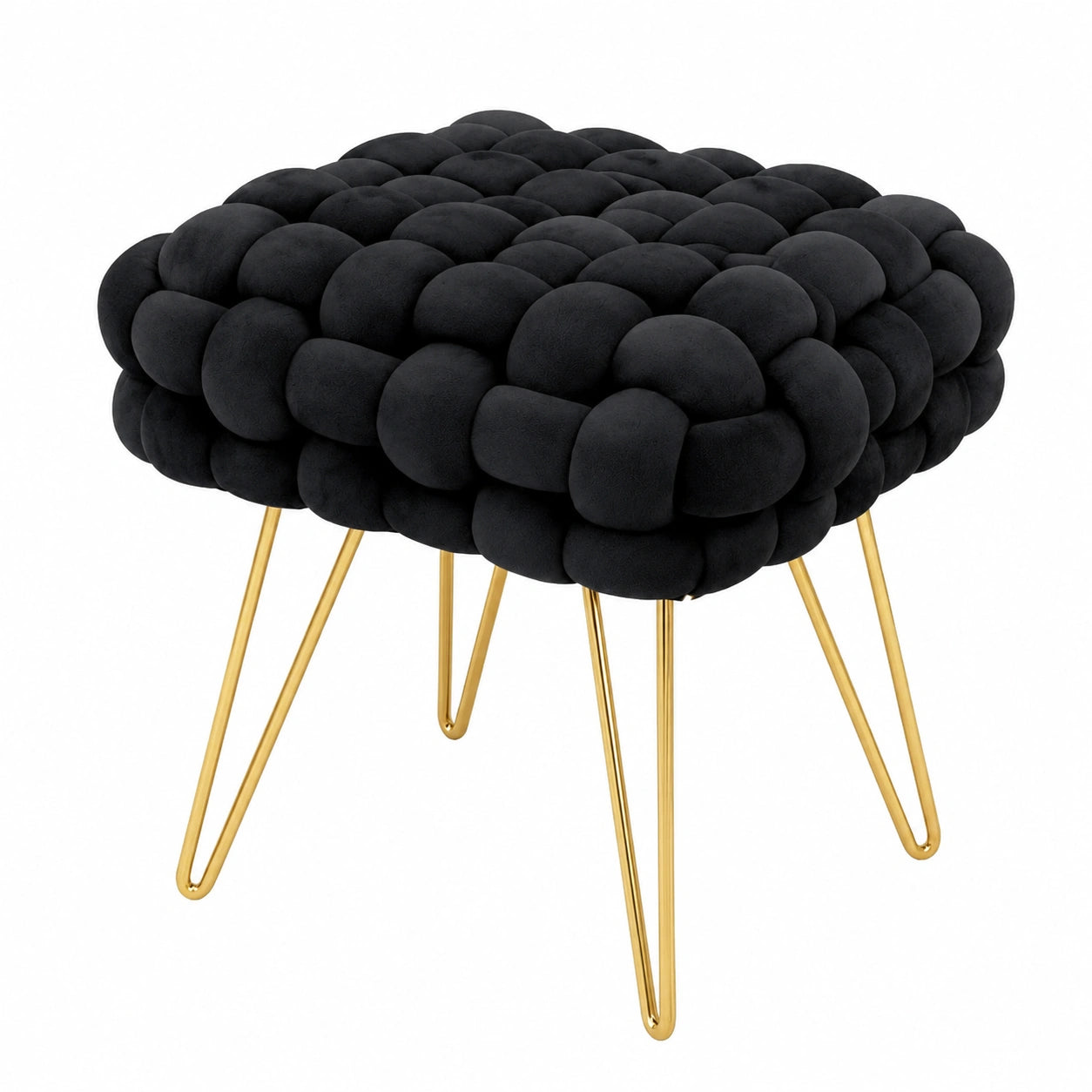 MILORD Samt-Polsterhocker Dotty 38 cm, Quadratisch, mit Goldmetallbeinen, Moderner Boho-Fußhocker in Schwarz