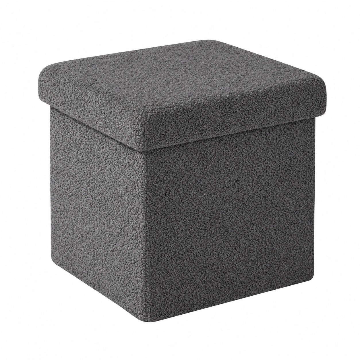 Kompakter Bouclé-Hocker mit Stauraum – Klappbarer Sitzwürfel für Wohnzimmer, Schlafzimmer, Flur, dunkelgrau, 32x32x32 cm