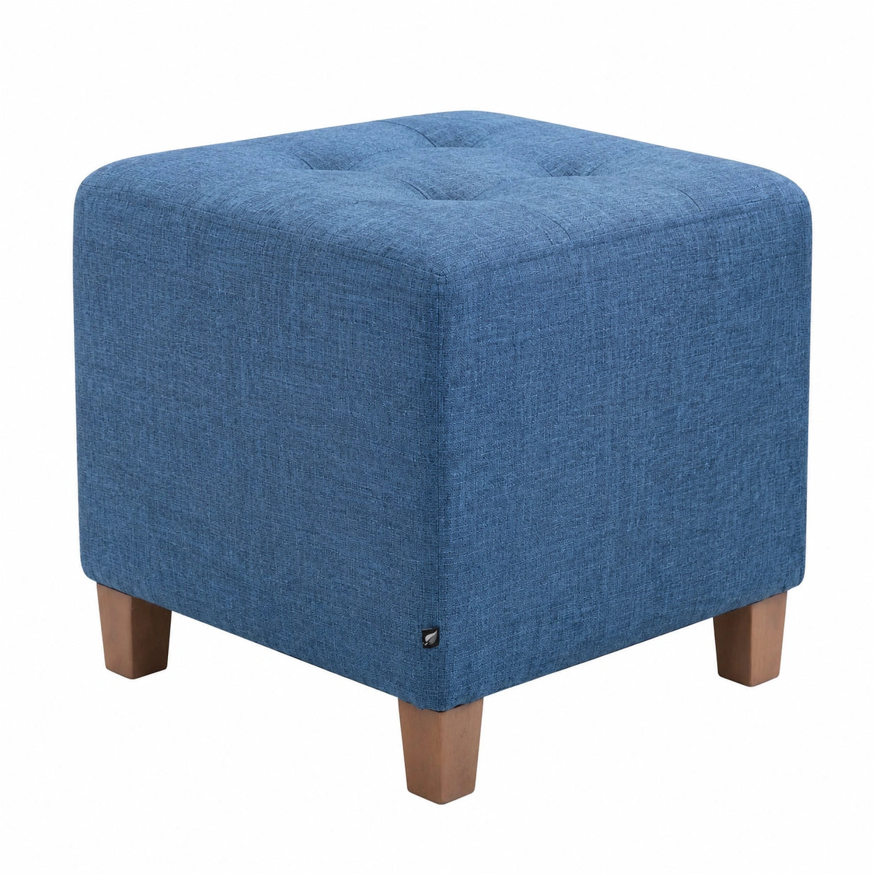 Moderner Sitzhocker Pharao mit Stoffbezug und hellen Holzbeinen in Blau