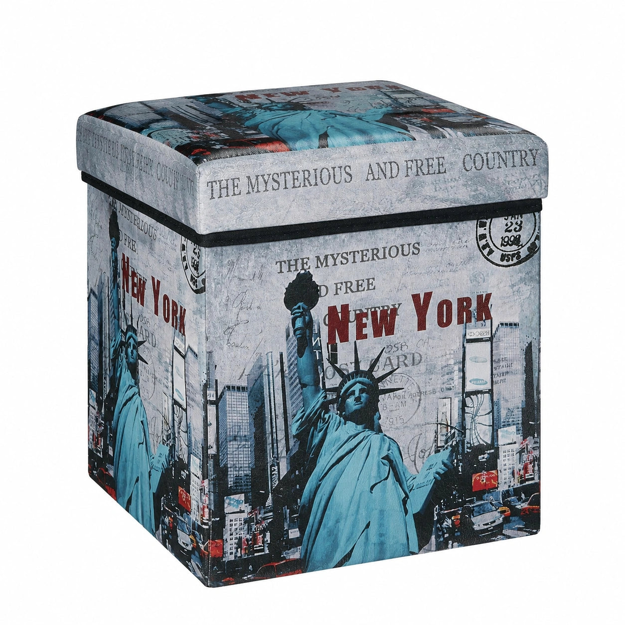 Relaxdays Klappbarer Sitzhocker 38 cm – Moderner Aufbewahrungswürfel mit Stauraum und bedrucktem Kunstleder, New York Design