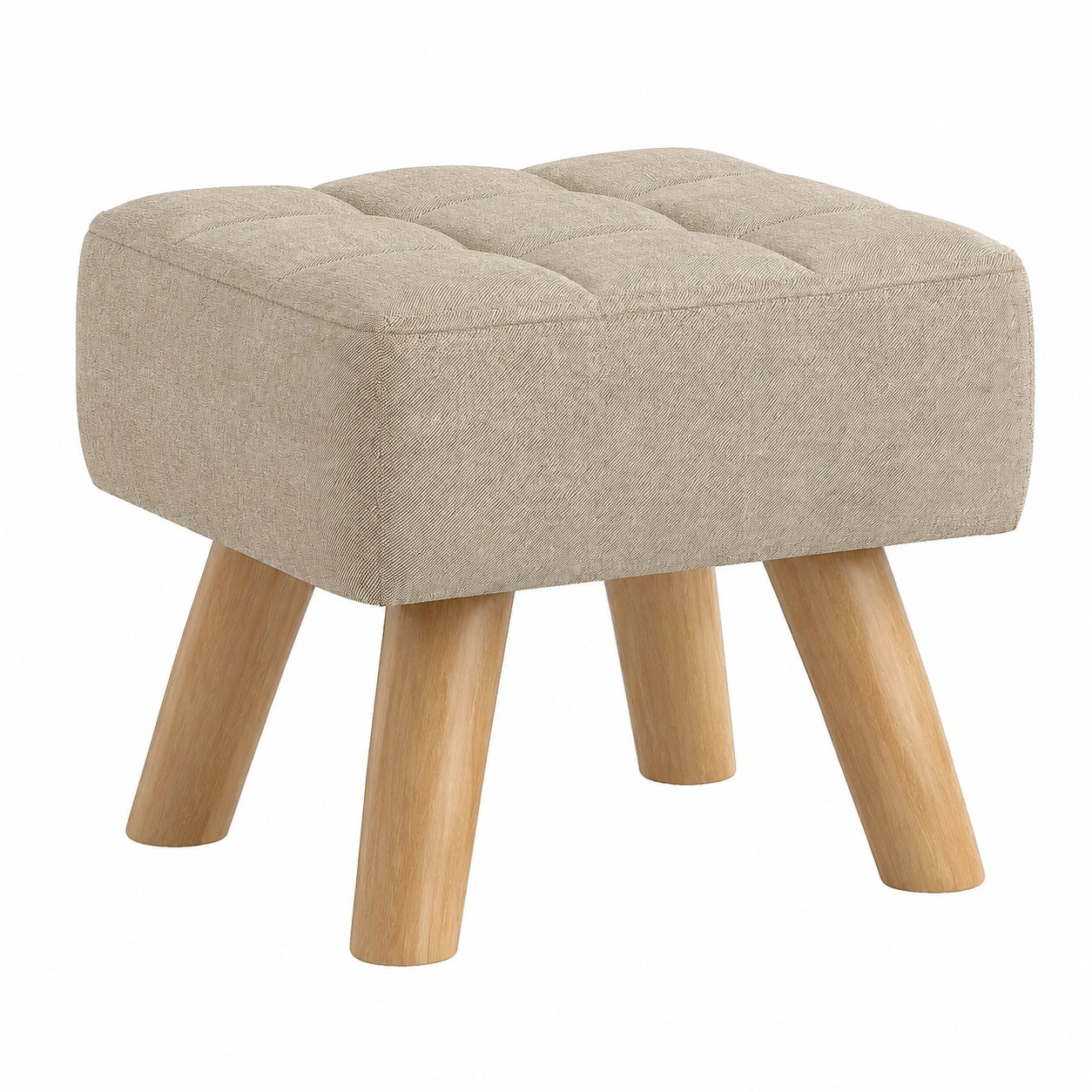 Quadratischer Sitzhocker mit Leinenbezug und Holzbeinen in Braun